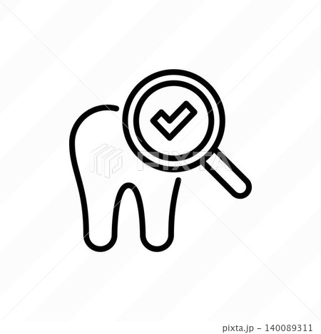 Healthy tooth thin line icon: tooth under magnifier with check mark. Preventive dentistry. Dental care. Vector illustration. Healthy tooth thin line icon: tooth under magnifier with check mark. Preventive dentistry. Dental care. Vector illustration. 140089311