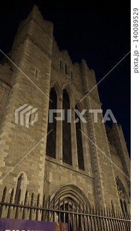 Dublin, Ireland - May 31, 2023: Gothic windows on a Dublin church Dublin, Ireland - May 31, 2023: Gothic windows on a Dublin church 140089529