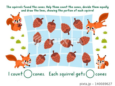 Forest counting and logical game for kids. Math activity with squirrels sharing cones. Woodland printable worksheet for children. Spotting puzzle with animals. Divide objects on equal parts Forest counting and logical game for kids. Math activity with squirrels sharing cones. Woodland printable worksheet for children. Spotting puzzle with animals. Divide objects on equal parts 140089627