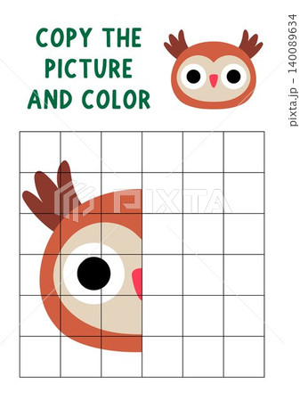 Complete the owl face. Vector symmetrical drawing practice worksheet. Printable woodland coloring activity for kids. Draw the second half. Copy the picture game with cute forest bird head 140089634
