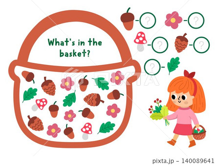 Forest I spy game for kids. Searching and counting activity shaped as basket with girl, cones, acorns, leaves, mushrooms. Woodland printable worksheet for children. Simple spotting puzzle Forest I spy game for kids. Searching and counting activity shaped as basket with girl, cones, acorns, leaves, mushrooms. Woodland printable worksheet for children. Simple spotting puzzle 140089641