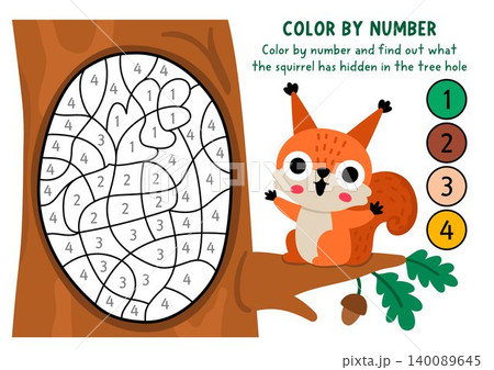 Vector forest color by number activity with squirrel sitting on oak twig. Woodland black and white counting or colouring game, coloring page for kids with tree hollow with acorn inside 140089645