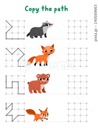 Forest animals drawing, writing, tracing, space orientation activity for kids with badger, fox, bear. Draw lines in square box according example. Woodland nature printable game, puzzle 140089663