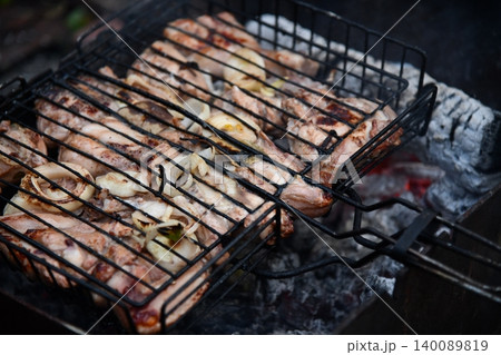 Modern style traditional smoked barbecue wagyu beef brisket served as top view on a wooden design cutting board with Louisiana Modern style traditional smoked barbecue wagyu beef brisket served as top view on a wooden design cutting board with Louisiana 140089819