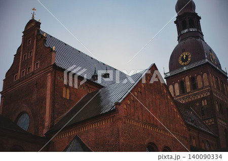 Panoramic view of a massive red brick cathedral Panoramic view of a massive red brick cathedral 140090334