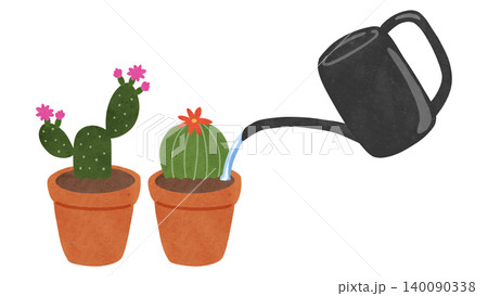 花が咲いている丸サボテンとウチワサボテンと黒いジョウロ(水あり) 水彩風手描きイラスト 花が咲いている丸サボテンとウチワサボテンと黒いジョウロ(水あり) 水彩風手描きイラスト 140090338
