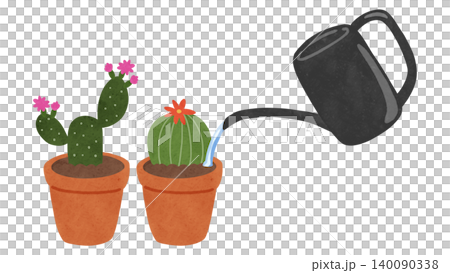 花が咲いている丸サボテンとウチワサボテンと黒いジョウロ(水あり) 水彩風手描きイラスト 花が咲いている丸サボテンとウチワサボテンと黒いジョウロ(水あり) 水彩風手描きイラスト 140090338