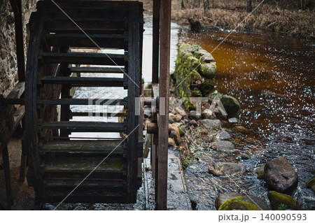 Close-up of a Large Vintage Wooden Water Wheel 140090593