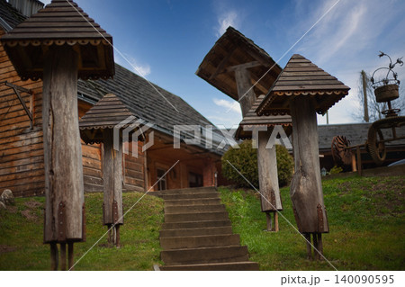 Low Angle Shot of Traditional Wooden Beehives 140090595