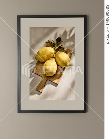 Black Poster Frame Mockup on Neutral Wall with Lemon Still Life Art Black Poster Frame Mockup on Neutral Wall with Lemon Still Life Art 140090685