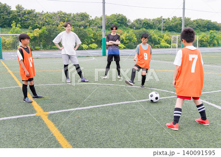 フットサル練習でパス練習をする少年チームと男性コーチ 140091595