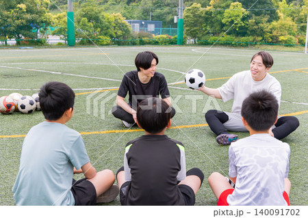 フットサルコートで作戦を説明する男性コーチと少年たち 140091702