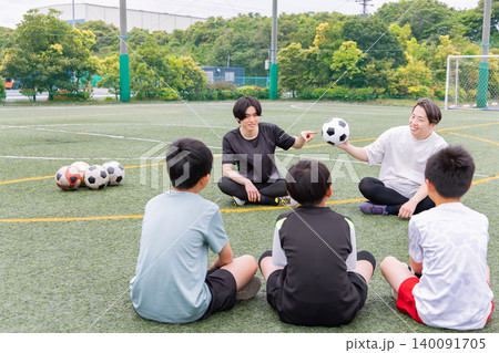 フットサルコートで作戦を説明する男性コーチと少年たち フットサルコートで作戦を説明する男性コーチと少年たち 140091705