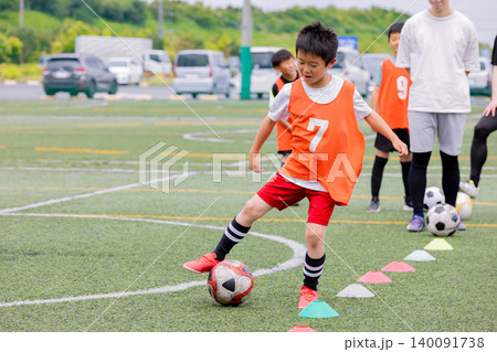 フットサル練習でドリブル指導を行う男性コーチと少年たち 140091738