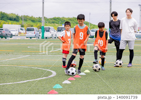 フットサル練習でドリブル指導を行う男性コーチと少年たち 140091739