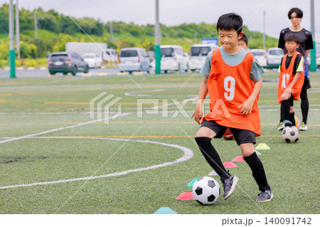 フットサル練習でドリブル指導を行う男性コーチと少年たち 140091742
