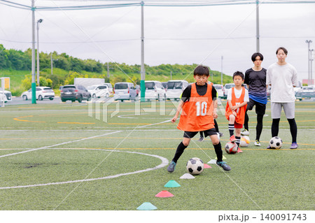 フットサル練習でドリブル指導を行う男性コーチと少年たち 140091743