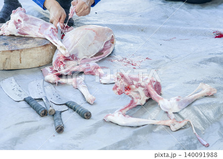 Butcher chopping raw meat with a cleaver on a wooden cutting board Butcher chopping raw meat with a cleaver on a wooden cutting board 140091988