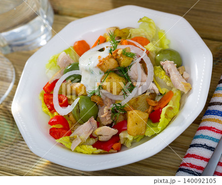 Salad with chicken, eggplants, greens Salad with chicken, eggplants, greens 140092105