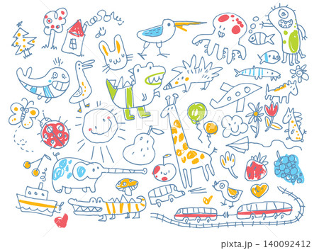 Cute childish doodles with animals, vehicles, flowers and funny creatures in hand drawn style Cute childish doodles with animals, vehicles, flowers and funny creatures in hand drawn style 140092412