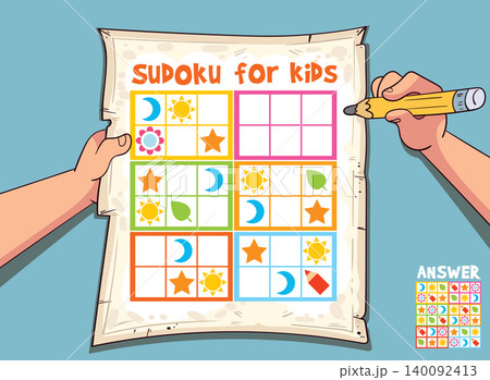 Cartoon sudoku for kids with colorful symbols on parchment paper. Educational logic puzzle 140092413