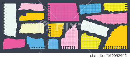 Set of colorful torn paper pieces with rough edges and notebook holes Set of colorful torn paper pieces with rough edges and notebook holes 140092445