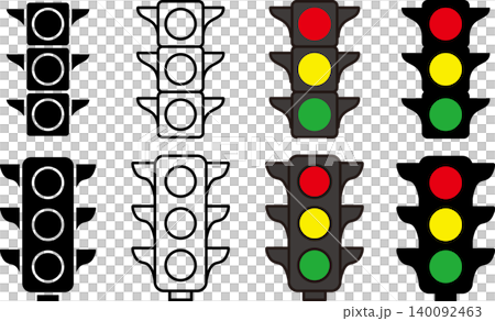 A set of icons featuring black traffic lights with roofs and lights arranged vertically on either side. A set of icons featuring black traffic lights with roofs and lights arranged vertically on either side. 140092463