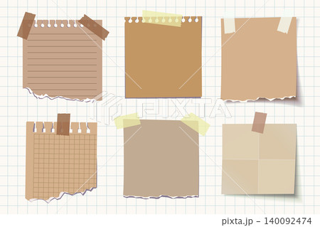 Set of torn notebook paper and sticky notes with tape on grid background 140092474