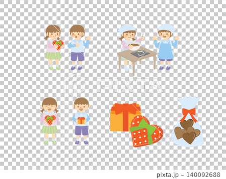Valentine's Day illustration set for children, chocolate making, and gifts. 140092688