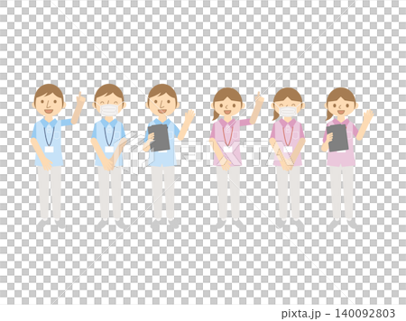 Illustration set of male and female caregivers - 6 poses - light blue and pink scrubs 140092803