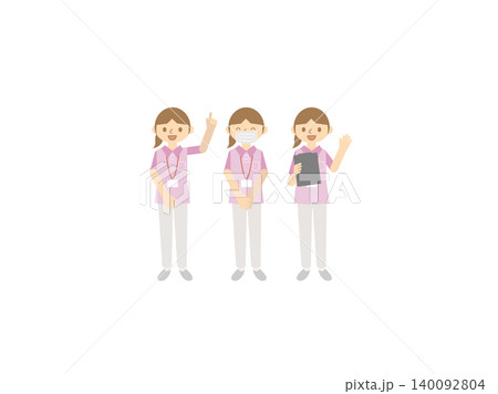 女性介護士のイラストセット・3ポーズ・ピンクスクラブ・名札 女性介護士のイラストセット・3ポーズ・ピンクスクラブ・名札 140092804