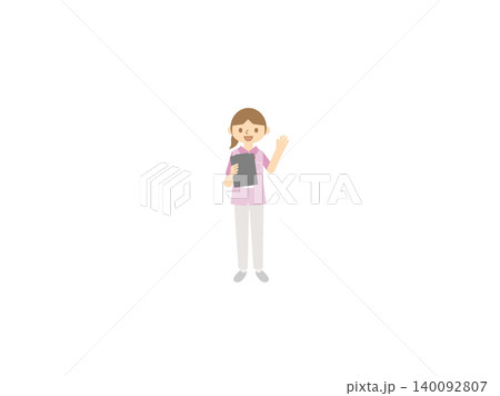女性介護士のイラスト・クリップボード・手を振るポーズ・ピンクスクラブ 女性介護士のイラスト・クリップボード・手を振るポーズ・ピンクスクラブ 140092807