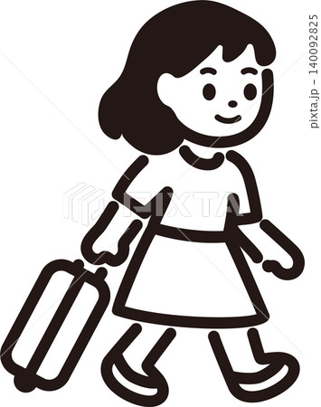 旅行　アイコン　イラスト　キャリーバッグを引く女の子　観光客　トラベル　女性　人物　デザイン　素材 140092825