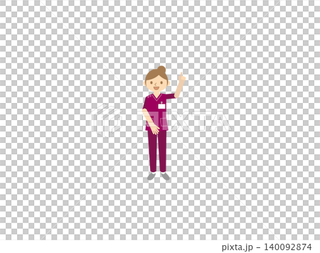 Illustration of a female nurse, pointing pose, wine-red scrubs, and name tag. Illustration of a female nurse, pointing pose, wine-red scrubs, and name tag. 140092874