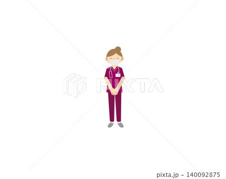 女性看護師のイラスト・マスク着用・聴診器・ワインレッドスクラブ 140092875