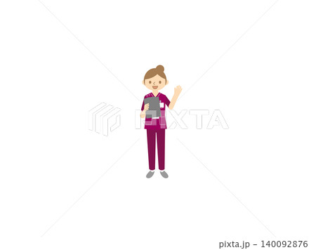 女性看護師のイラスト・クリップボード・手を振るポーズ・ワインレッドスクラブ 140092876