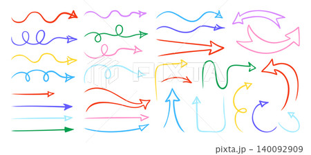 Hand drawn arrow icon set doodle sketch curved swirly looped straight directional signs collection. Hand drawn arrow icon set doodle sketch curved swirly looped straight directional signs collection. 140092909