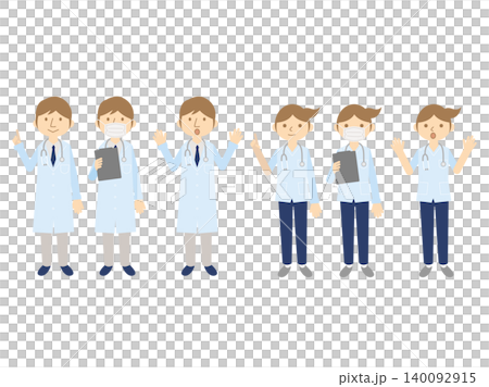 一組男女醫生插畫──6種姿勢──白大褂、手術服──聽診器 一組男女醫生插畫──6種姿勢──白大褂、手術服──聽診器 140092915