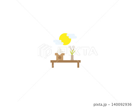 お月見のお供えのイラスト・満月・すすき・月見団子・三宝 140092936