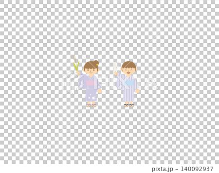 A boy and girl enjoying moon viewing, wearing yukata, pampas grass, and moon-viewing dumplings. A boy and girl enjoying moon viewing, wearing yukata, pampas grass, and moon-viewing dumplings. 140092937