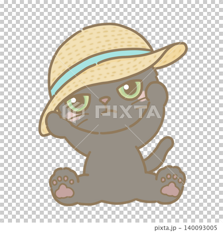 An illustration of a black cat wearing a straw hat; a summer-themed illustration. An illustration of a black cat wearing a straw hat; a summer-themed illustration. 140093005