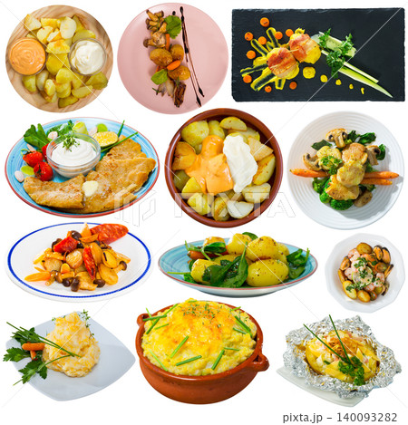 Collage of potato dishes isolated on white Collage of potato dishes isolated on white 140093282