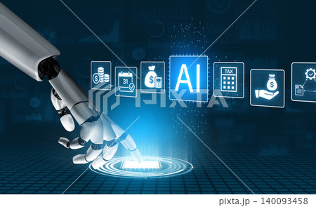 Robotic Hand Using Stylus on Touchscreen with AI Icons for Financial and Tax Solutions in Futuristic Digital Environment. Bitwise 140093458