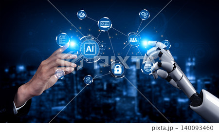 Hand of Human and Robot in Synchronization Representing the Intersection of Technology, Artificial Intelligence and Future Innovations. Bitwise 140093460