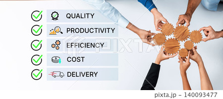 Hands Collaborating on Business Metrics with Checkmarks Highlighting Quality, Productivity, Efficiency, Cost, and Delivery in a Team Environment. Bitwise 140093477