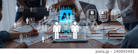 Modern workplace scene showcasing artificial intelligence in recruitment processes with digital elements and diverse professionals collaborating together Cyphers. 140093491