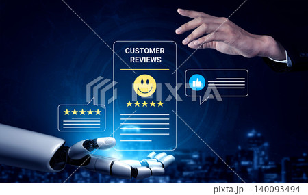 Illustration of a futuristic robotic hand interacting with customer review notifications in a digital environment showcasing technology, feedback, and innovation Cyphers. 140093494