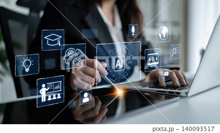Business Professional Using Laptop with Digital Icons Representing Artificial Intelligence and Technology Concepts in Modern Office Setting. Bitwise Business Professional Using Laptop with Digital Icons Representing Artificial Intelligence and Technology Concepts in Modern Office Setting. Bitwise 140093517