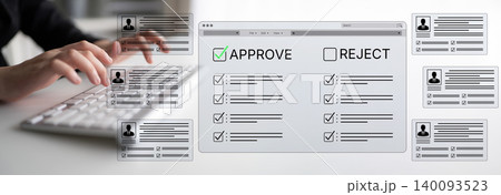 Digital Screen Interface for Approving or Rejecting Applications with Checkboxes and User Profiles on a Modern Keyboard Background. Bitwise 140093523