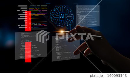 Human Hand Interacting with Futuristic AI Interface Featuring Data Streams and Algorithms in Dark Environment Cyphers. 140093548